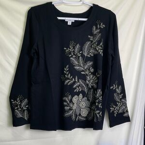 J. Jill Black Long Sleeve Tee with Cream and Olive Green Floral Design